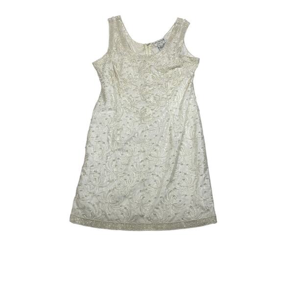 Papell Boutique Evening Off White Lace Beaded Sheath Dress w Long Jacket  Sz 12 - Picture 3 of 13